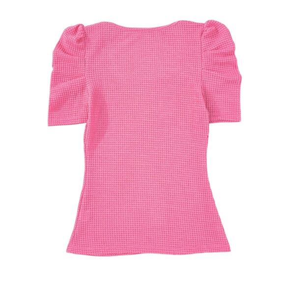 Bright Pink Waffle Knit Ruched Puff Sleeve Top New S, M, L, - Picture 8 of 12